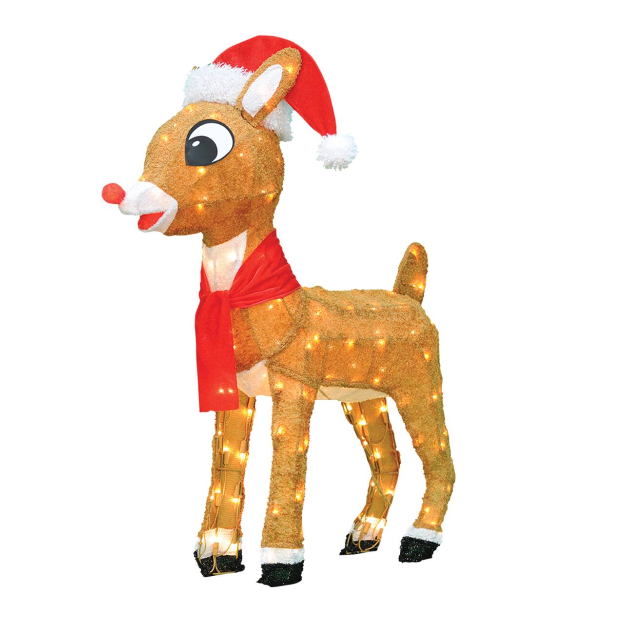 ProductWorks Rudolph 2ft. 3D Pre-Lit Rudolph with Santa Hat Scarf Yard Art